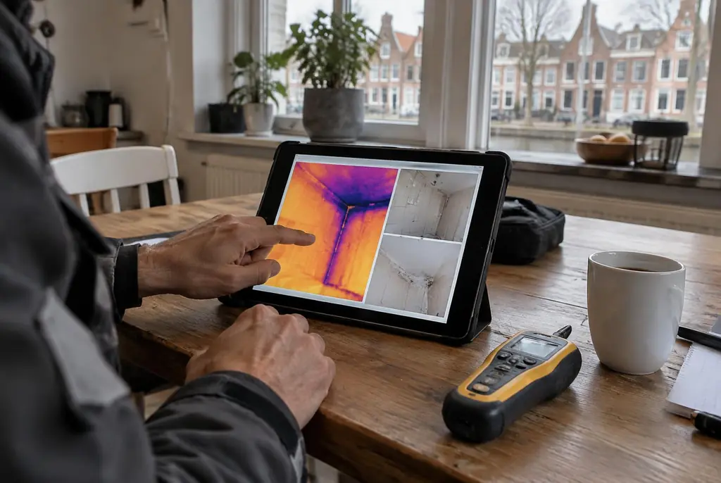 Lekdetectie Steenwijk – lekdetectierapport met warmtebeelden en foto's op een tablet
