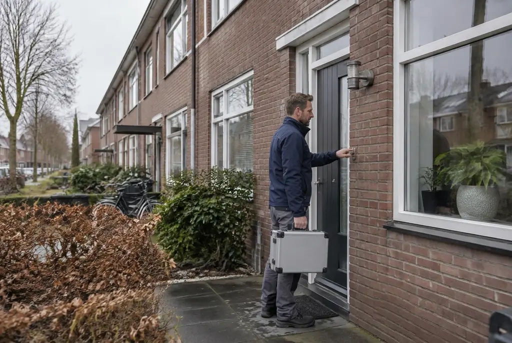 Lekdetectiespecialist met meetkoffer bij de voordeur van een woning in Steenwijk